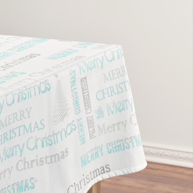 Toalha De Mesa Turquesa Elegante e Tipografia de Natal Prateado (Posição Original)