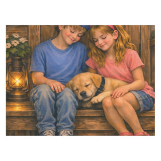 Toalha De Mesa Two Children with Sleeping Puppy Rustic Tablecloth