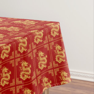 Toalha De Mesa Vermelho do Padrão do Dragão Dourado do Quadro de