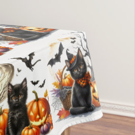 Toalha De Mesa Vintage Retro Halloween Cat e Pumpkin Tablecloth
