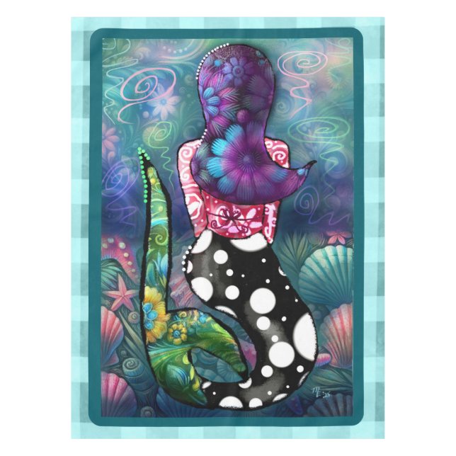 Toalha De Mesa Whimsical Abstract Mermaid Nautical Teal Seashells (Frente)