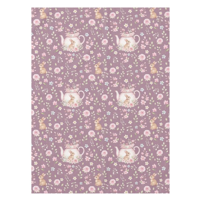 Toalha De Mesa Whimsical Bunny Teapot Spring Floral Pattern (Frente)