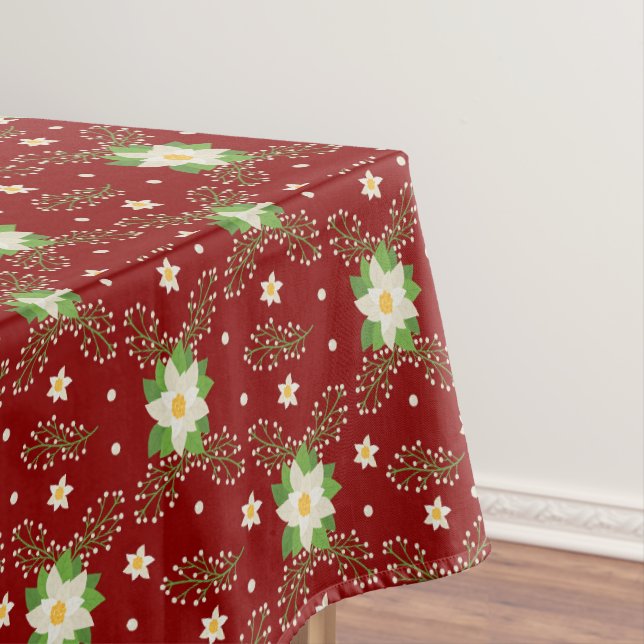 Toalha De Mesa White Poinsettias Green deixa o Natal em vermelho (Posição Original)