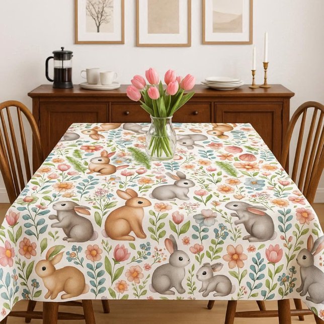 Toalha De Mesa Wildlife Rabbit Pink Floral Pattern Tablecloth (Spring season wild rabbit tablecloth with pink floral pattern mockup )