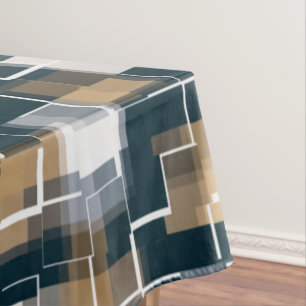 Toalha De Mesa Xadrez Branca Dourada e Azul Moderna e Preta