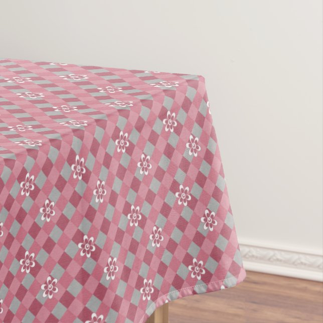 Toalha De Mesa Xadrez cinza e rosa com flores de camomila (Posição Original)