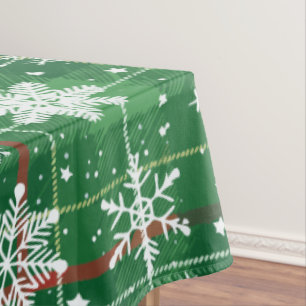 Toalha De Mesa Xadrez de Natal Verde com Flocos de Neve Brancos