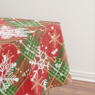 Toalha De Mesa Xadrez de Natal Vermelho, Verde com Flocos de Neve