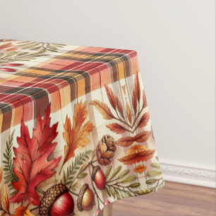 Toalha De Mesa Xadrez de Outono com Folhas e Bolotas