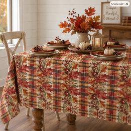 Toalha De Mesa Xadrez de Outono com Folhas e Bolotas