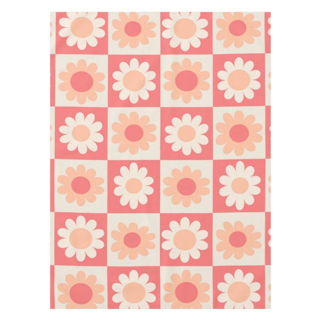 Toalha De Mesa Xadrez Groovy  Padrão de Flores Retro Fuzz Pêssego (Frente)