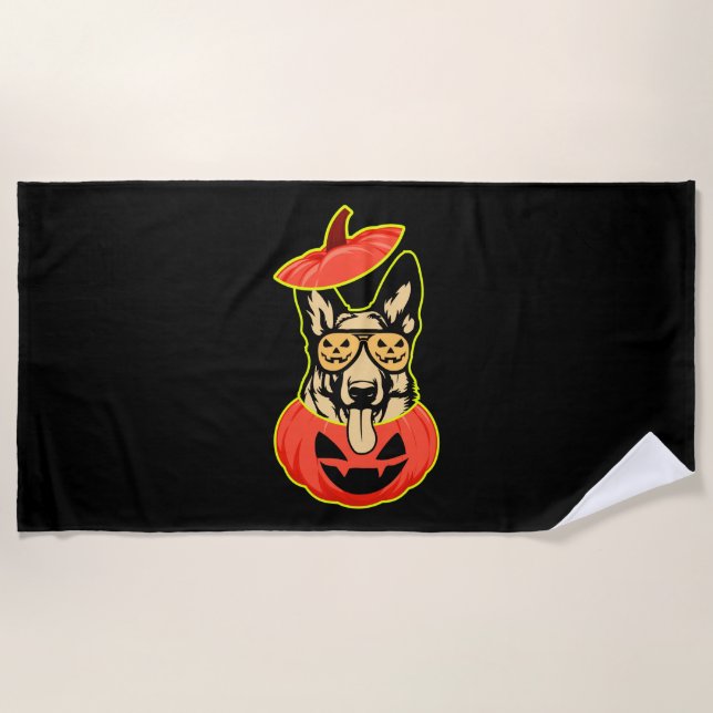 Toalha De Praia 28 German Shepherd In Scary Pumpkin Shirt Funny Cu (Frente)