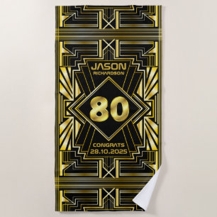 Toalha De Praia 80 Aniversário Art Deco Dourado Excelente Negro G