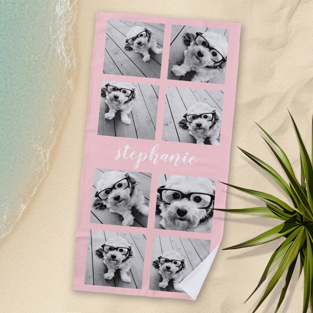 Toalha De Praia 8 Colagem de Fotografias - Nome Escrito Manuscrito (Personalized Beach Towel - Photo Collage -- Use Color or Black and White Photos)