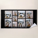 Toalha De Praia 9 Mínimo de Colagem de Fotos - Preto e Grade Branc<br><div class="desc">Uma colagem de 9 fotos em uma rede divertida com tamanhos diferentes. Um design simples com instantâneos e um bloco de texto personalizado. Recortar fotos em quadrados antes de carregar. Para ajustar fotos ou alterar cores,  clique na área personalizar para fazer alterações.</div>