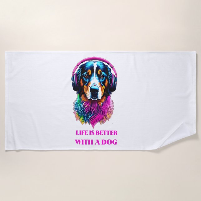Toalha De Praia A vida é melhor com um cão (Frente)