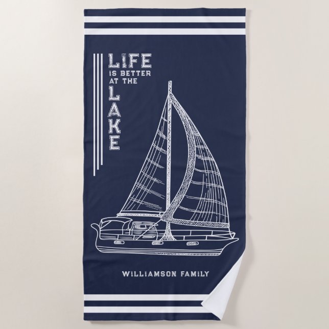 Toalha De Praia A vida é melhor no lago Família Marinho Azul Branc (Frente)