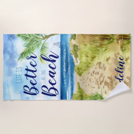 Toalha De Praia A vida é melhor no Monograma da Aquarela de Praia