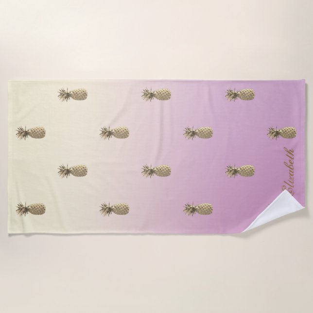 Toalha De Praia Abacaxi Dourado, exótico (Frente)