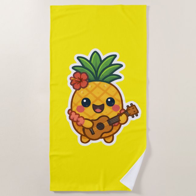 Toalha De Praia Abacaxi Kawaii sorridente - Tropical (Frente)