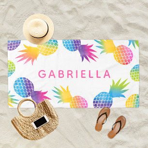 Toalha De Praia Abacaxi Rosa Personalizado Arco-Íris Tropical