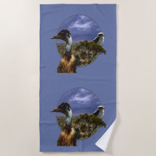 Toalha De Praia "Abaixo em Duo: Emu e Kookaburra em Arte Popout"