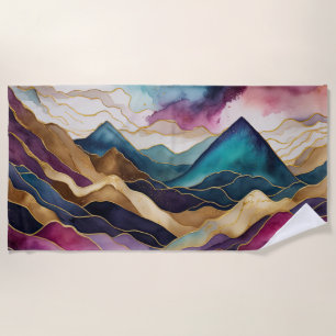 Toalha De Praia Abstrato de Aquarela Paisagem Dourada Azul Roxo