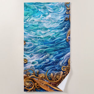 Toalha De Praia Abstrato de Ondas Ripais do Oceano Azul e Dourado