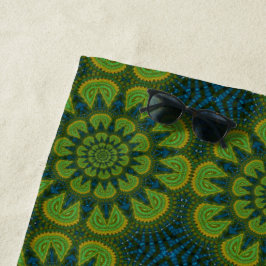 Toalha De Praia Abstrato Hippie Verde e Marinho Azul Flores Étnica
