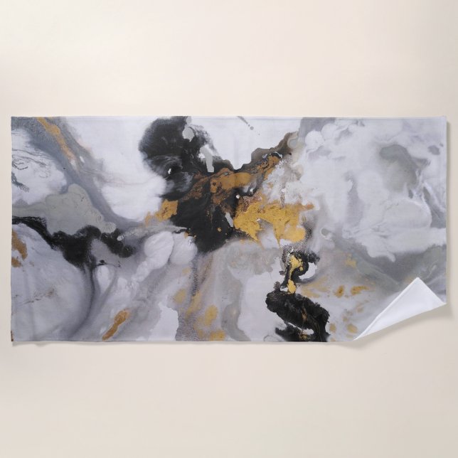 Toalha De Praia Abstrato, preto, Dourado e Cinza (Frente)