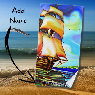 Toalha De Praia Add Name, Sailing Ship Ocean Sea, Blue