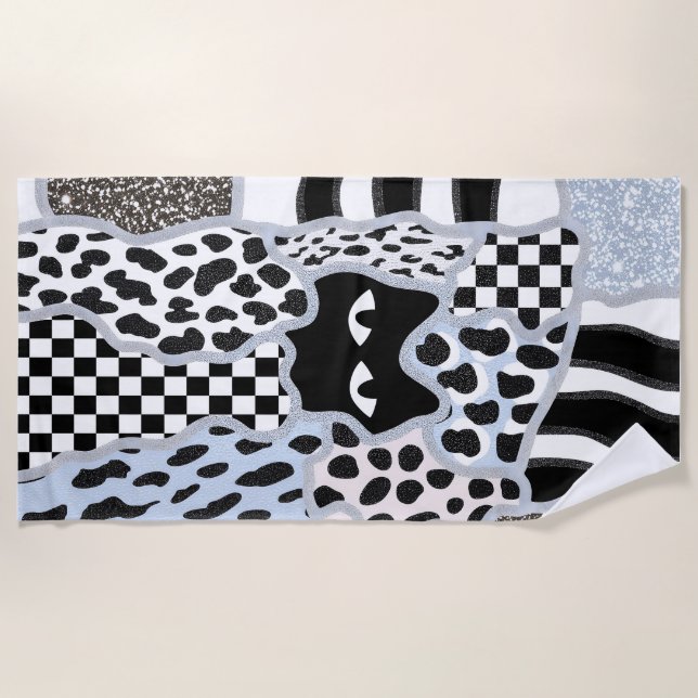 Toalha De Praia Adesivo Xadrez Gato Preto Suspeito Patchwork Xadre (Frente)