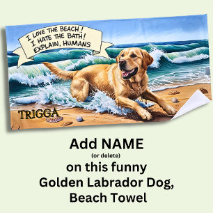 Toalha De Praia Adicionar nome, Ouro Labrador Cão em Execução nas
