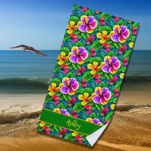 Toalha De Praia Adicionar Nome Texto Tropical Hibiscus Flor Selva 