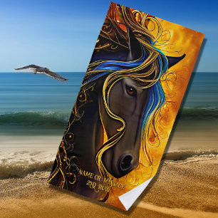 Toalha De Praia Adicionar texto de nome, Cavalo de fantasia preto