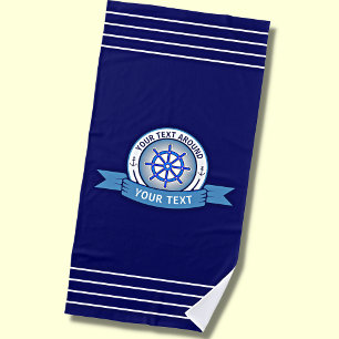 Toalha De Praia Adicionar texto de nome, roda náutica branca azul