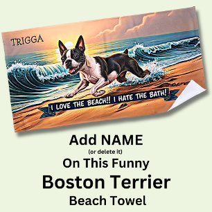 Toalha De Praia Adicione nome, Boston Terrier Splashing in Waves D