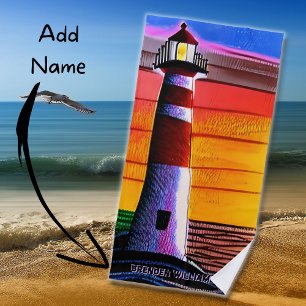 Toalha De Praia Adicione nome, farol na Sunset Beach Towel