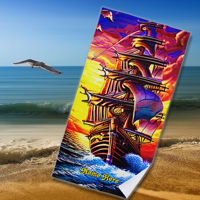 Toalha De Praia Adicione Nome, Navio de Navegação Pirata Marrom Es (Criador carregado)