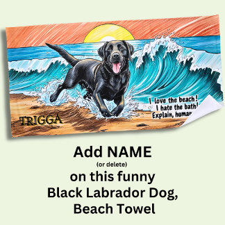 Toalha De Praia Adicione o nome, Cão Negro Labrador a Correr em On