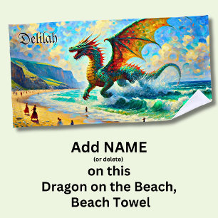 Toalha De Praia Adicione o nome, Dragão no Surf na praia,