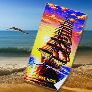 Toalha De Praia Adicione o nome, navio à vela de Abstrato Pirata E