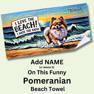 Toalha De Praia Adicione o nome, Pomeranian Splashing no Cão de On