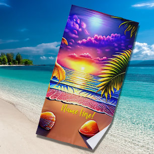 Toalha De Praia Adicione o nome, Stylizlized Beach Sunset com Shel