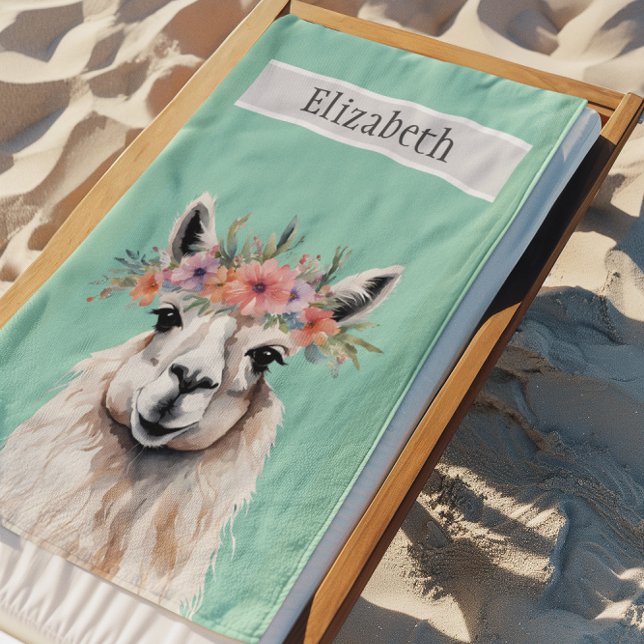 Toalha De Praia Adorável Llama Wildflower Teal Name (Llama Wildflower Vacation Custom Beach Towel)