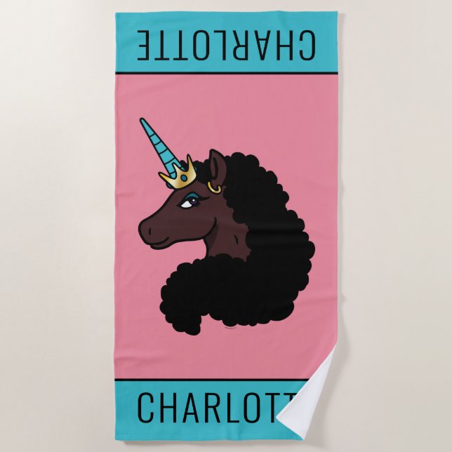 Toalha De Praia Afro Unicorn | Magia (Frente)