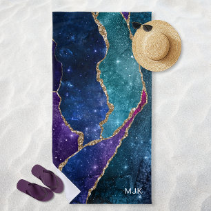 Toalha De Praia Ágata Azul Roxo Água-Marinha Dourado Veias Monogra