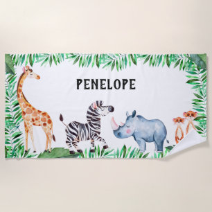 Toalha De Praia Aguarela animal personalizada do safari dos miúdo