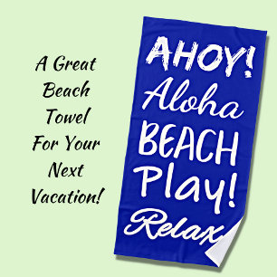 Toalha De Praia Ahoy Aloha Tocar Relaxe Azul e Branco