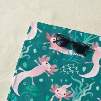 Toalha De Praia Alotta Pink Axolotls em Teal Beach Towel
